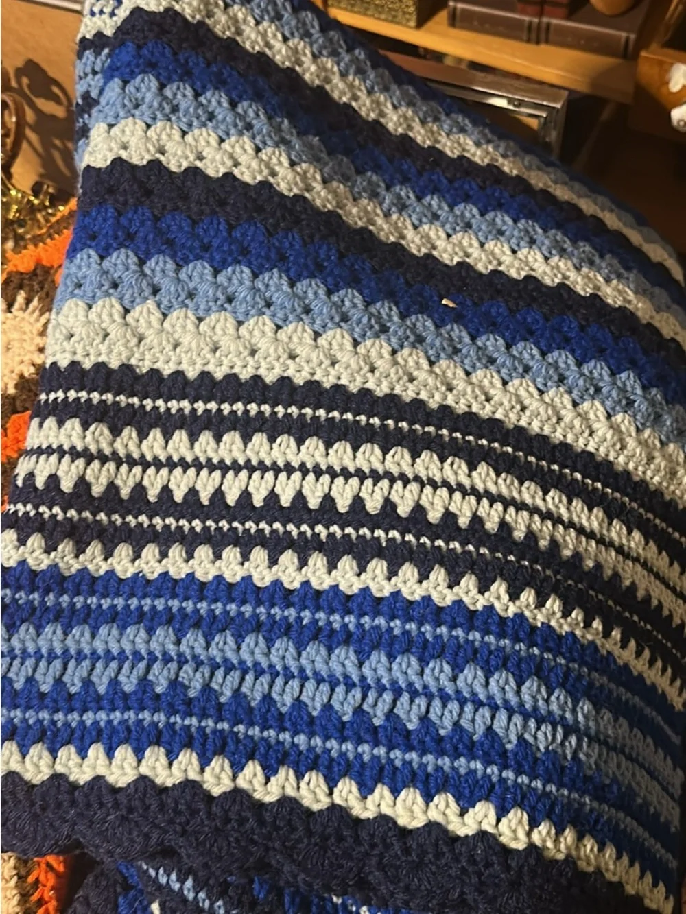 Vintage Handmade Multicolor Crochet Throw Blanket - Blue, Orange, Black- afghans